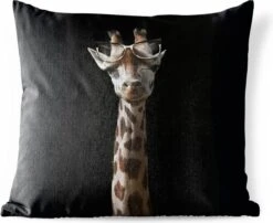 Buitenkussens - Tuin - Giraffe Met Bril Op Zwarte Achtergrond - 45x45 Cm