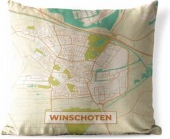 Buitenkussen Weerbestendig - Stadskaart - Winschoten - Vintage - 50x50 Cm