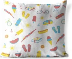 Sierkussen Buiten - Zomer - Vakantie - Symbolen - 60x60 Cm - Weerbestendig